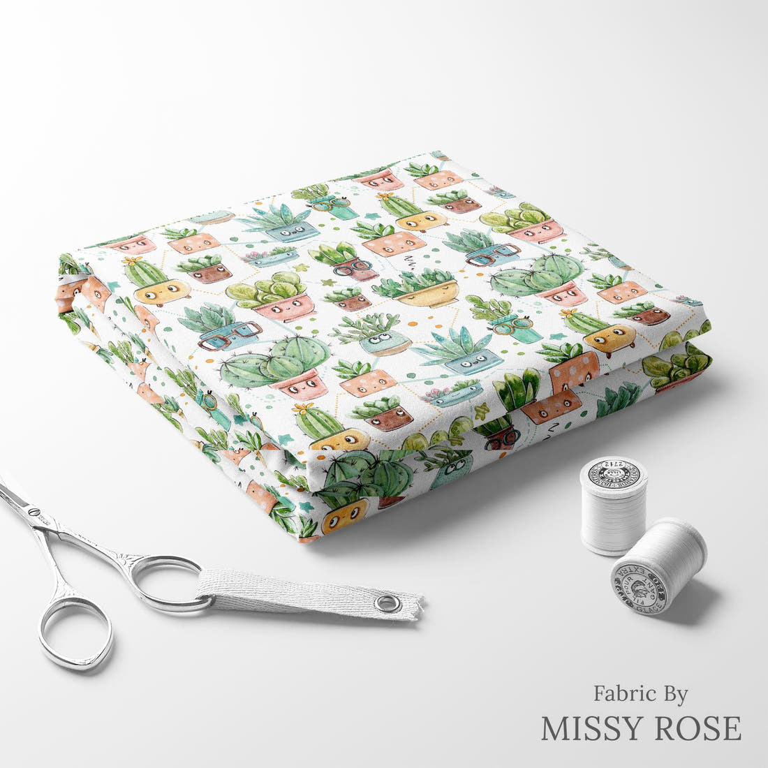 Design 529 White Cactus Fabric folded fabric stack with matching thread – pre-order fabric Australia | Fabric by Missy Rose