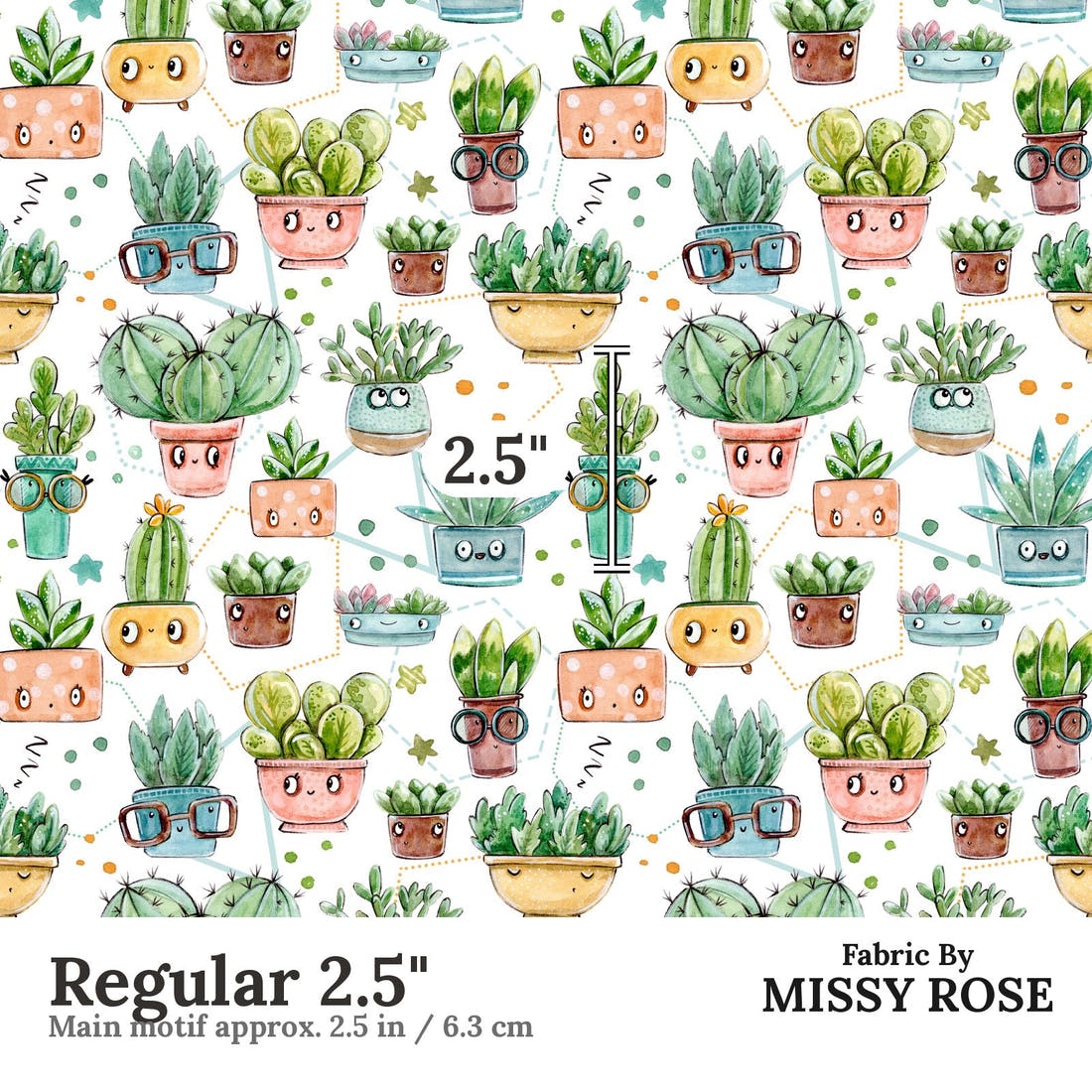 Design 529 White Cactus Fabric Regular 2.5" - print scale | Fabric by Missy Rose