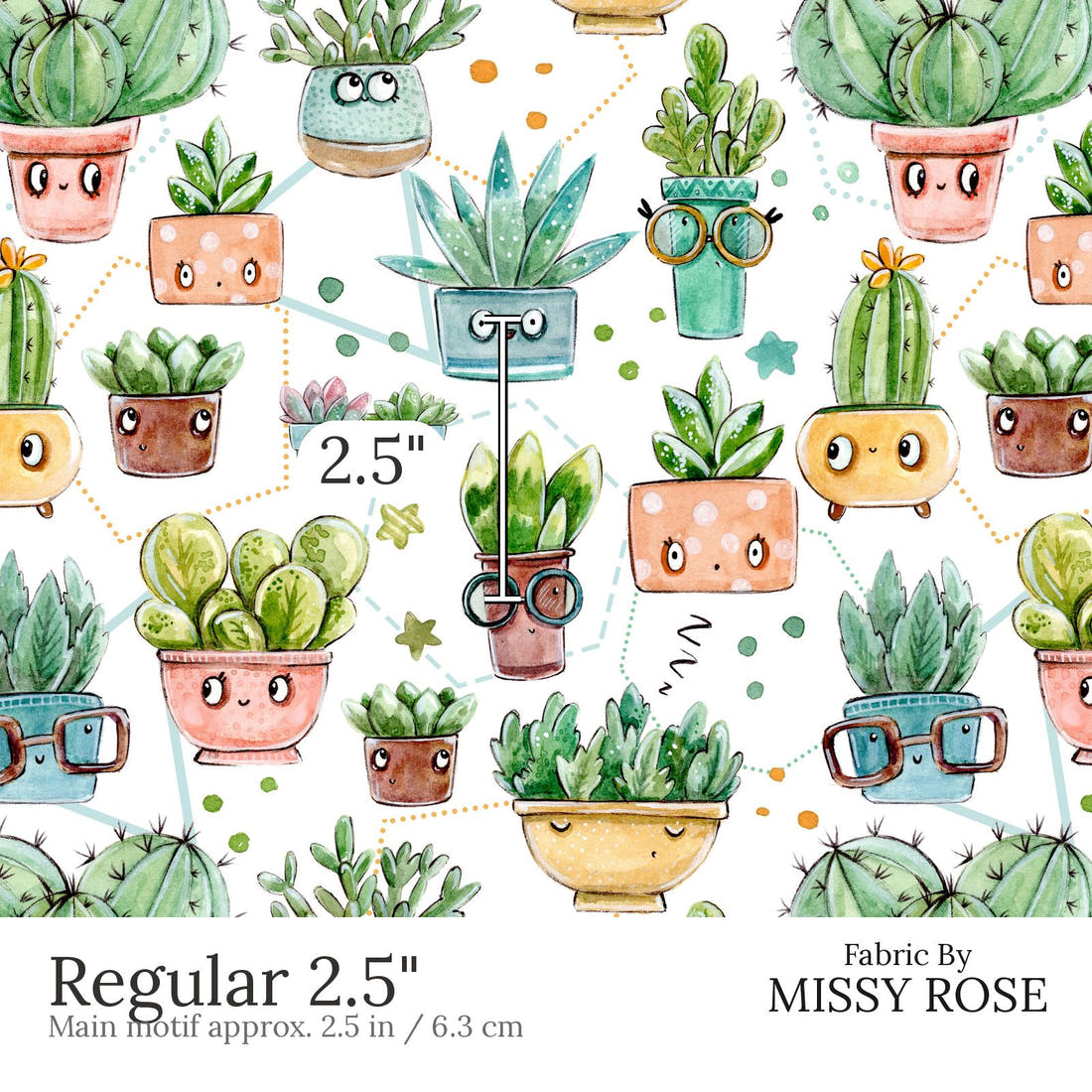 Design 529 White Cactus Fabric Regular 2.5 inch print scale guide | Fabric by Missy Rose
