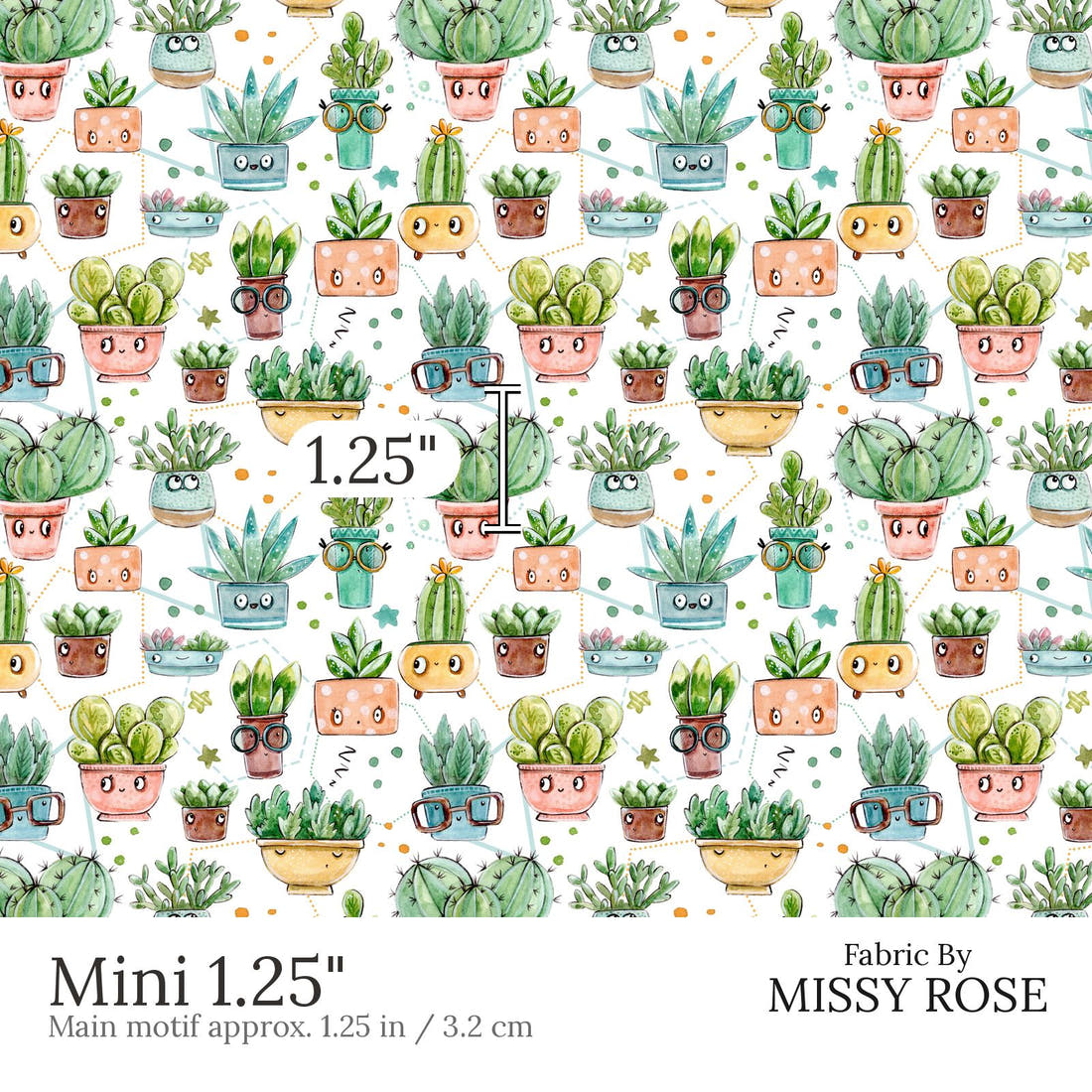Design 529 White Cactus Fabric Mini 1.25 inch print scale guide | Fabric by Missy Rose