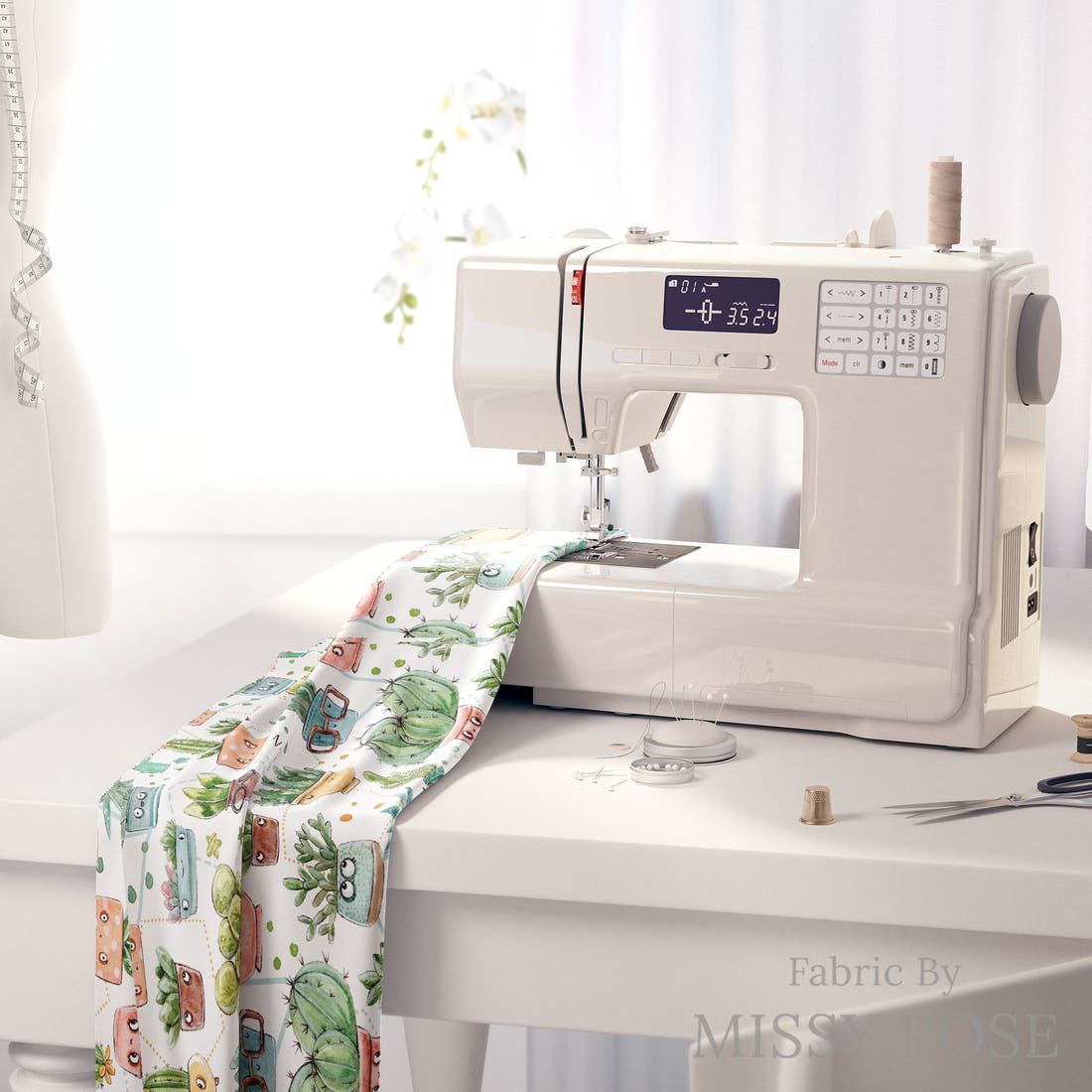 Design 529 White Cactus Fabric on a sewing machine – premium fabric for sewing projects | Fabric by Missy Rose