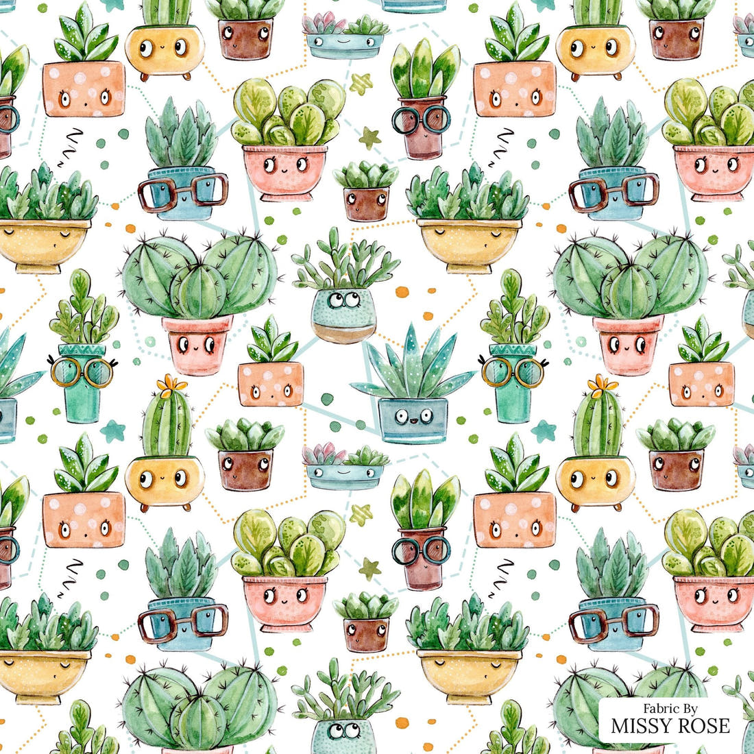 Design 529 White Cactus Fabric - flat view of the print, zoom in for detail | Fabric by Missy Rose
