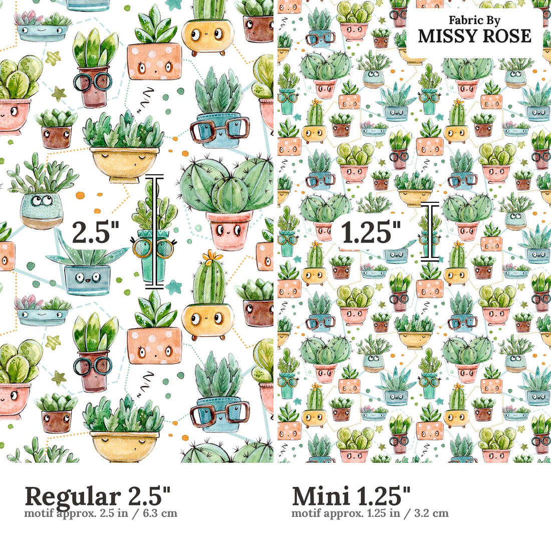Design 529 White Cactus Fabric size comparison - print scale | Fabric by Missy Rose
