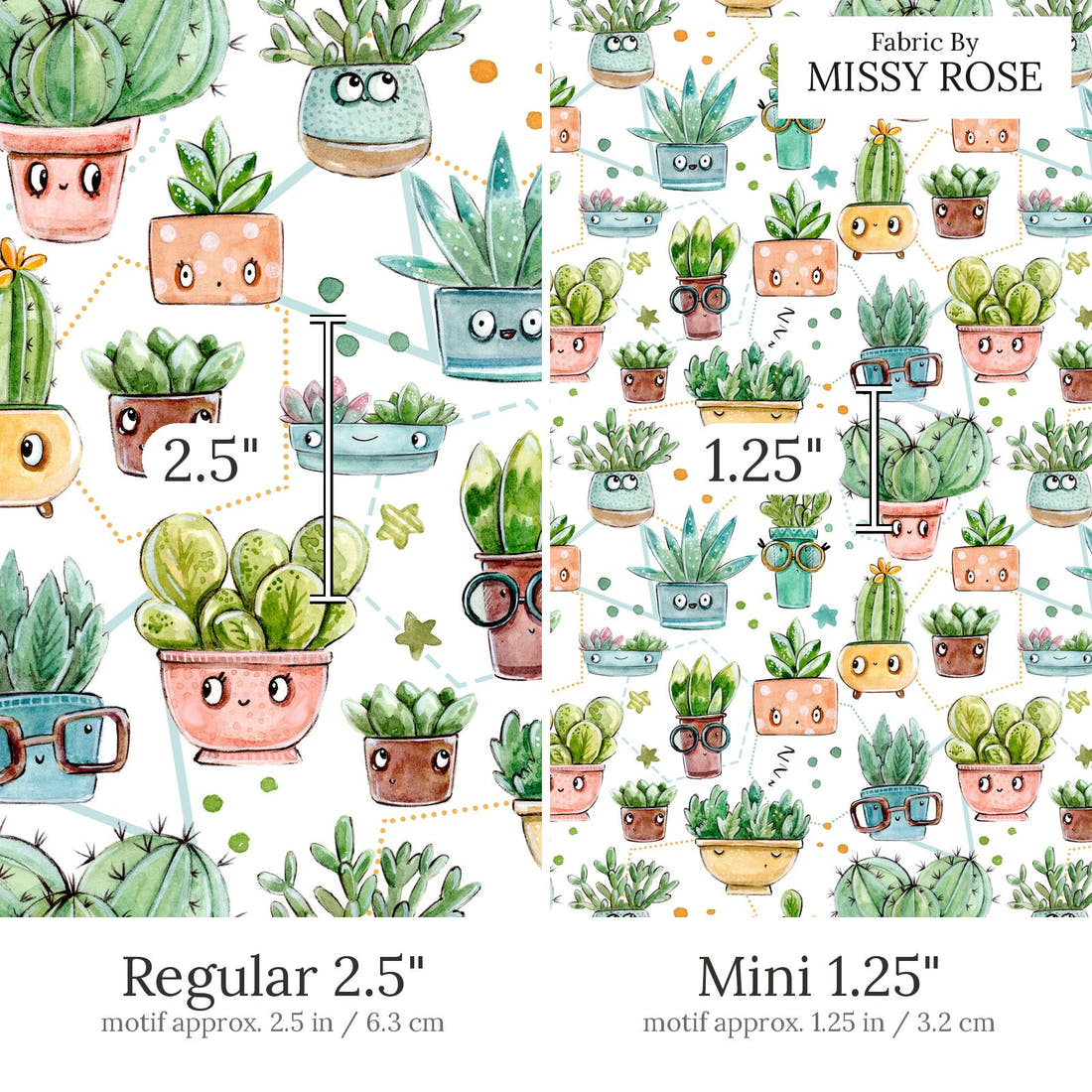 Design 529 White Cactus Fabric Regular 2.5 inch vs Mini 1.25 inch print scale side by side | Fabric by Missy Rose