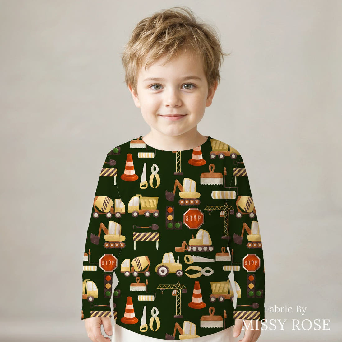 Design 53 Building Fabric sewn into a kids' long sleeve top – see how the print looks made up | Fabric by Missy Rose