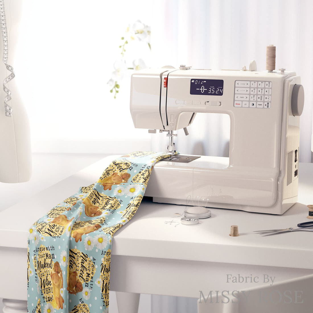 Design 530 Retro Housewife Fabric on a sewing machine – premium fabric for sewing projects | Fabric by Missy Rose