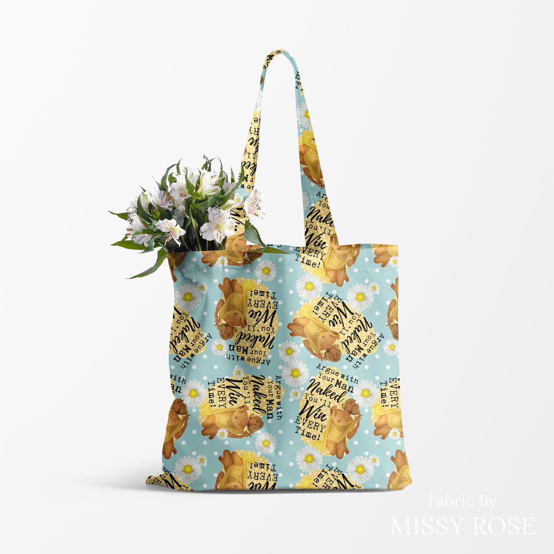 Design 530 Retro Housewife Fabric made up as a tote bag – see how the print looks made up | Fabric by Missy Rose