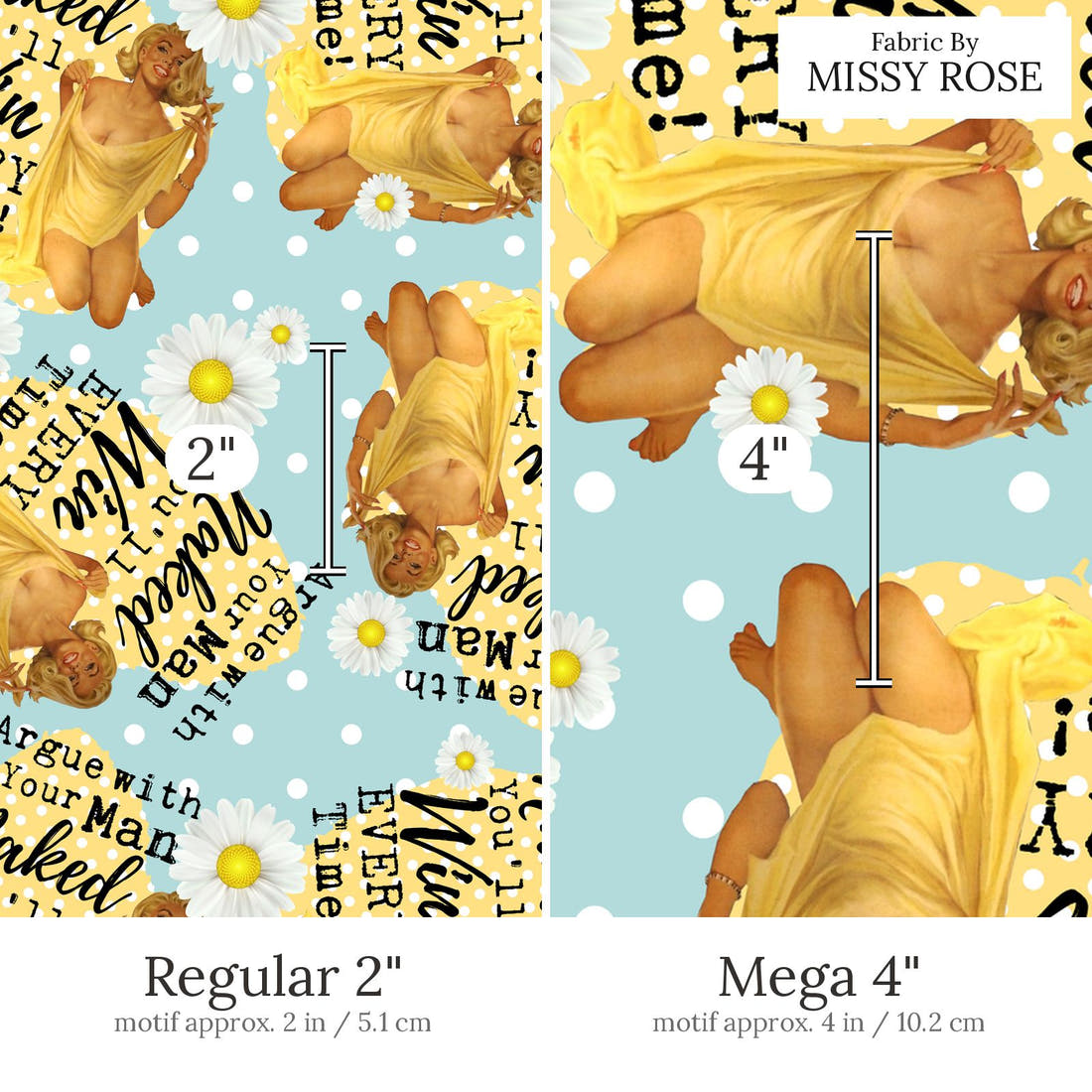 Design 530 Retro Housewife Fabric Regular 2 inch vs Mega 4 inch print scale side by side | Fabric by Missy Rose