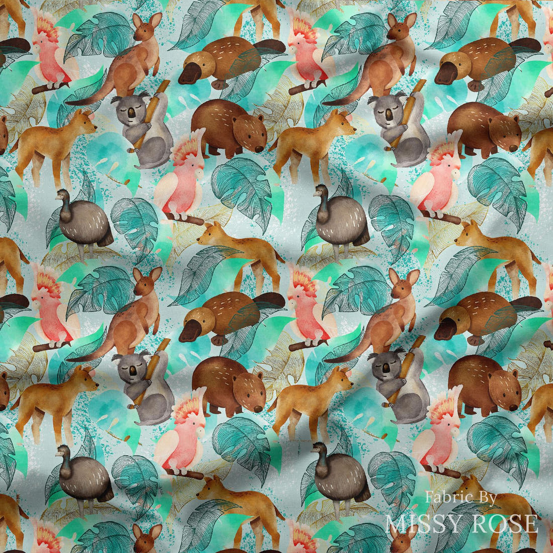 Design 531 Australian Animal Fabric draped fabric mockup – custom printed fabric by the metre | Fabric by Missy Rose
