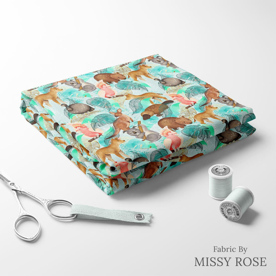Design 531 Australian Animal Fabric folded fabric stack with matching thread – pre-order fabric Australia | Fabric by Missy Rose