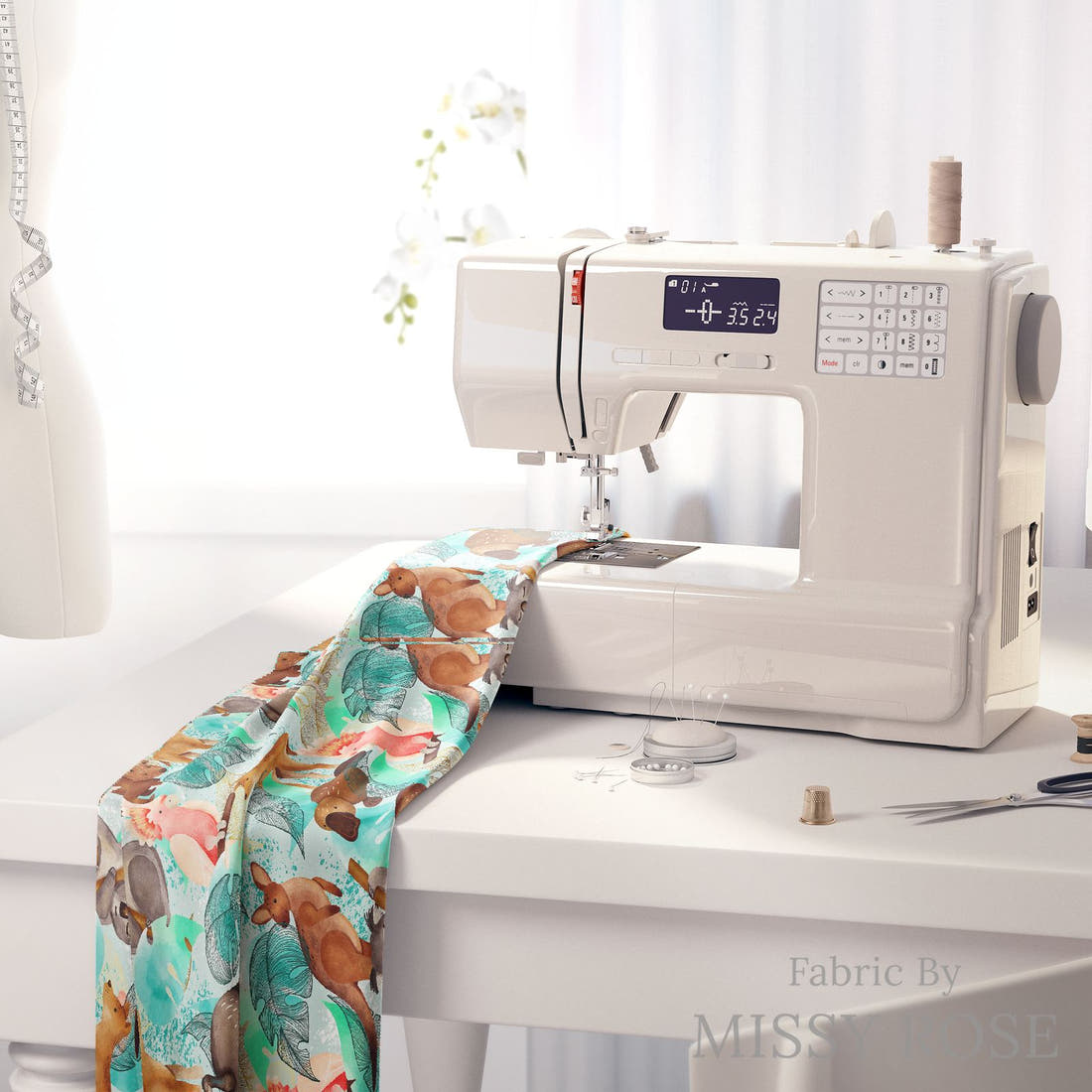 Design 531 Australian Animal Fabric on a sewing machine – premium fabric for sewing projects | Fabric by Missy Rose