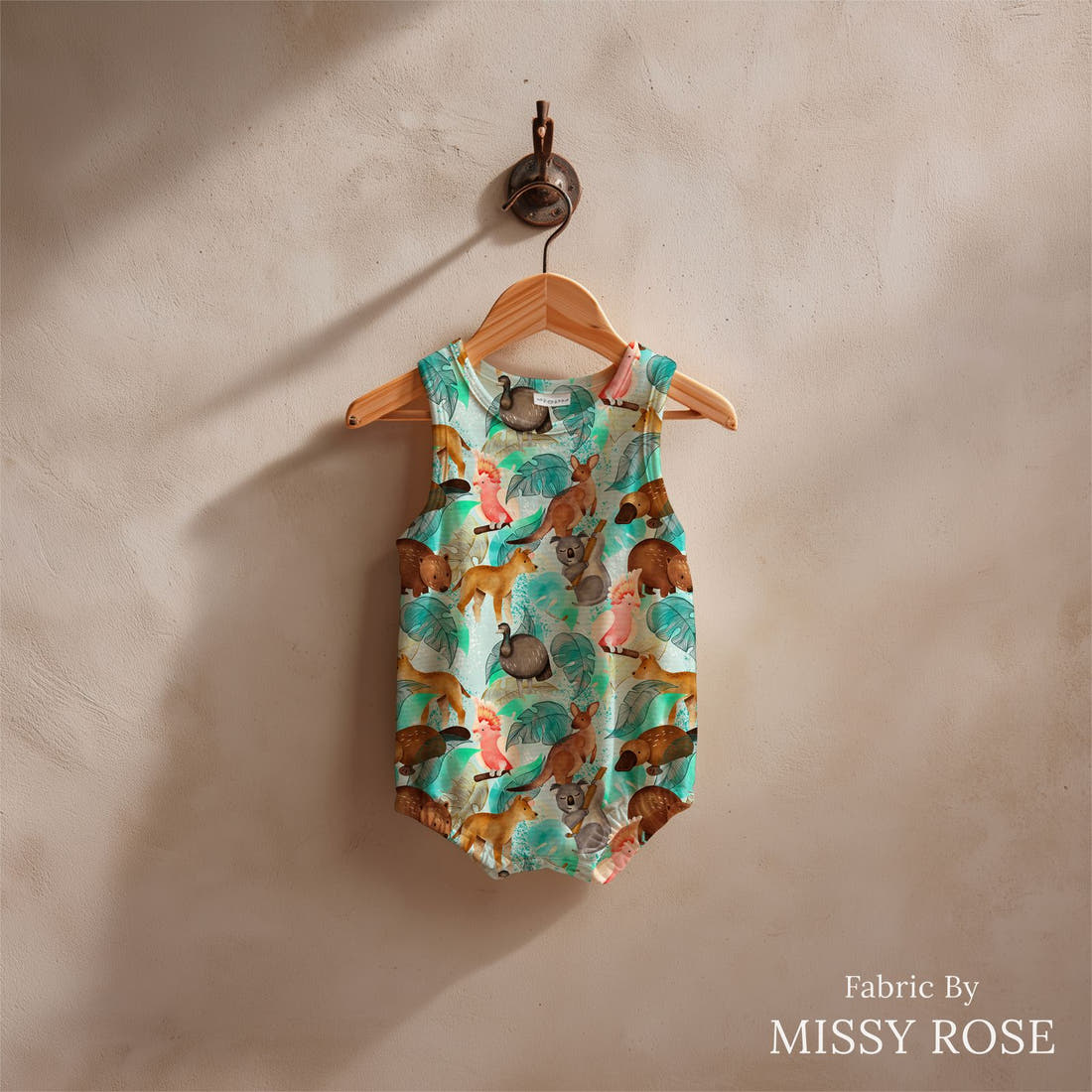 Design 531 Australian Animal Fabric sewn into a baby romper – see how the print looks made up | Fabric by Missy Rose