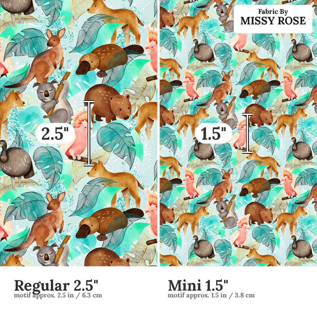 Design 531 Australian Animal Fabric size comparison - print scale | Fabric by Missy Rose