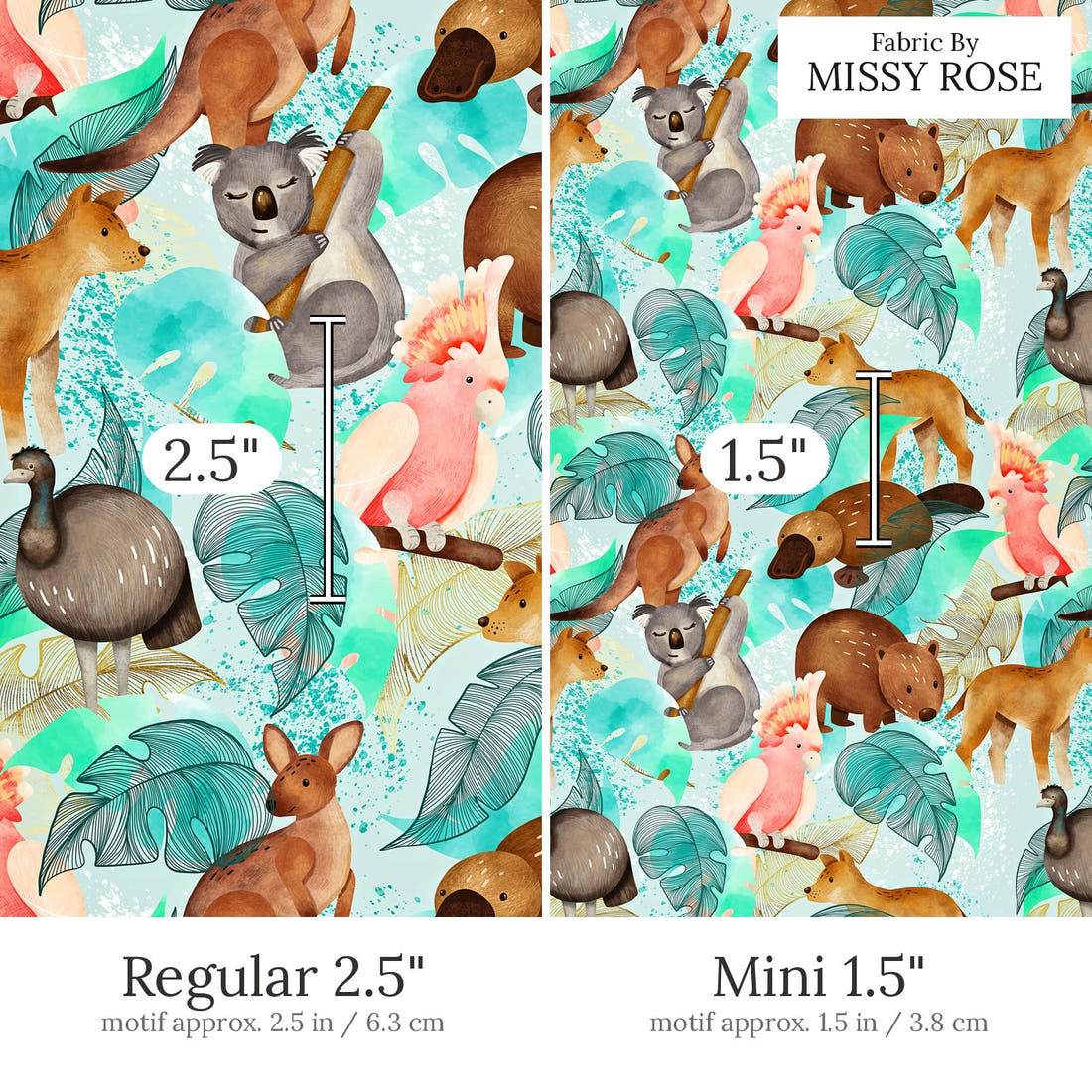 Design 531 Australian Animal Fabric Regular 2.5 inch vs Mini 1.5 inch print scale side by side | Fabric by Missy Rose