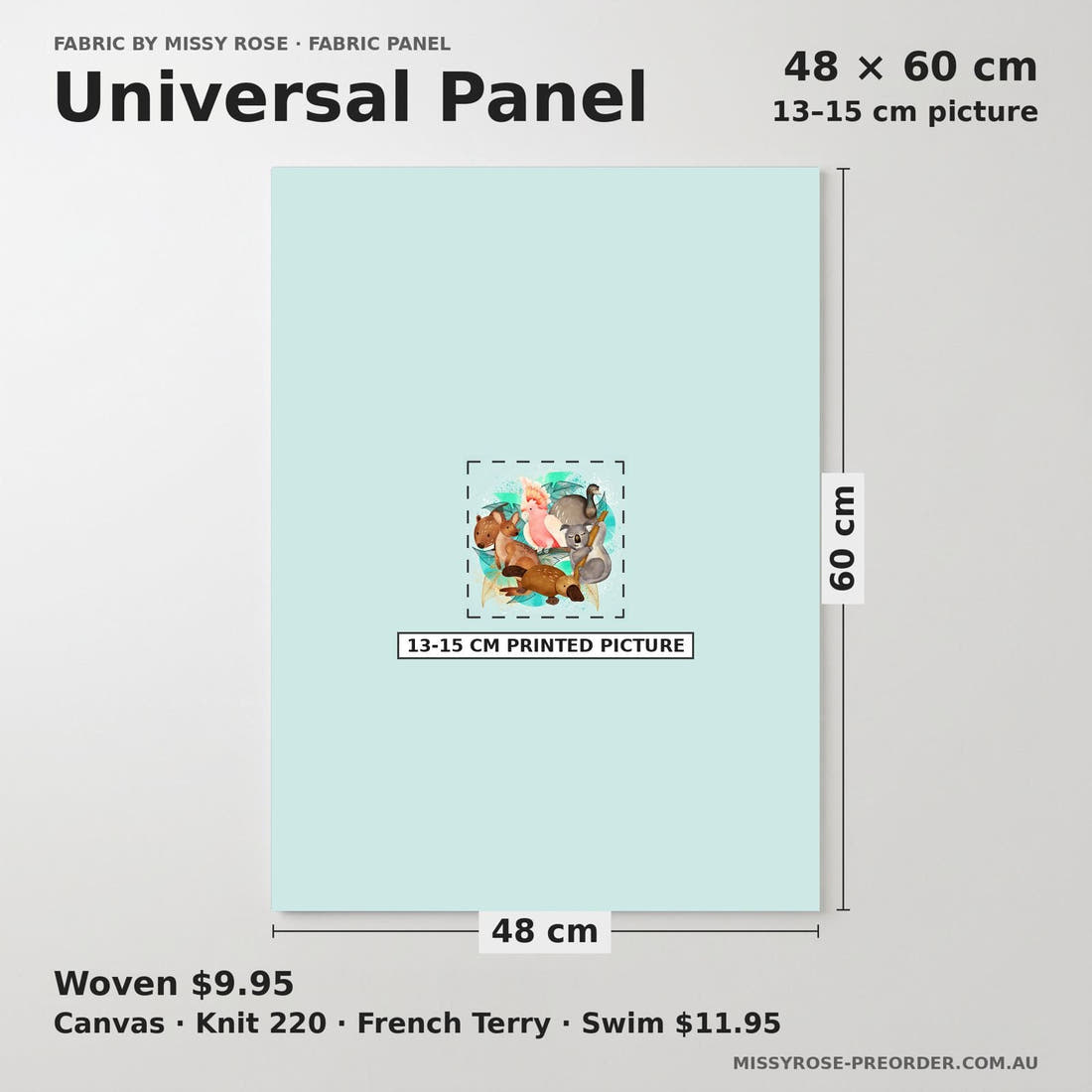 Design 531 Australian Animal Panel universal panel sizing – 13–15 cm printed picture on 48 × 60 cm fabric | Fabric by Missy Rose