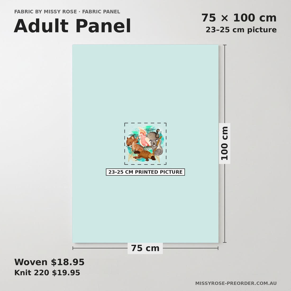 Design 531 Australian Animal Panel adult panel sizing – 23–25 cm printed picture on 75 × 100 cm fabric | Fabric by Missy Rose