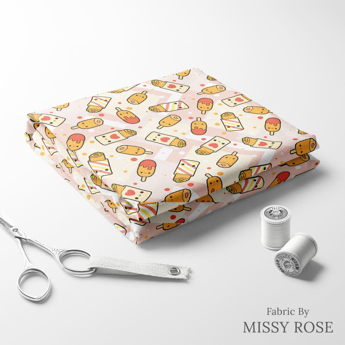 Design 532 Australian Foods Fabric folded fabric stack with matching thread – pre-order fabric Australia | Fabric by Missy Rose