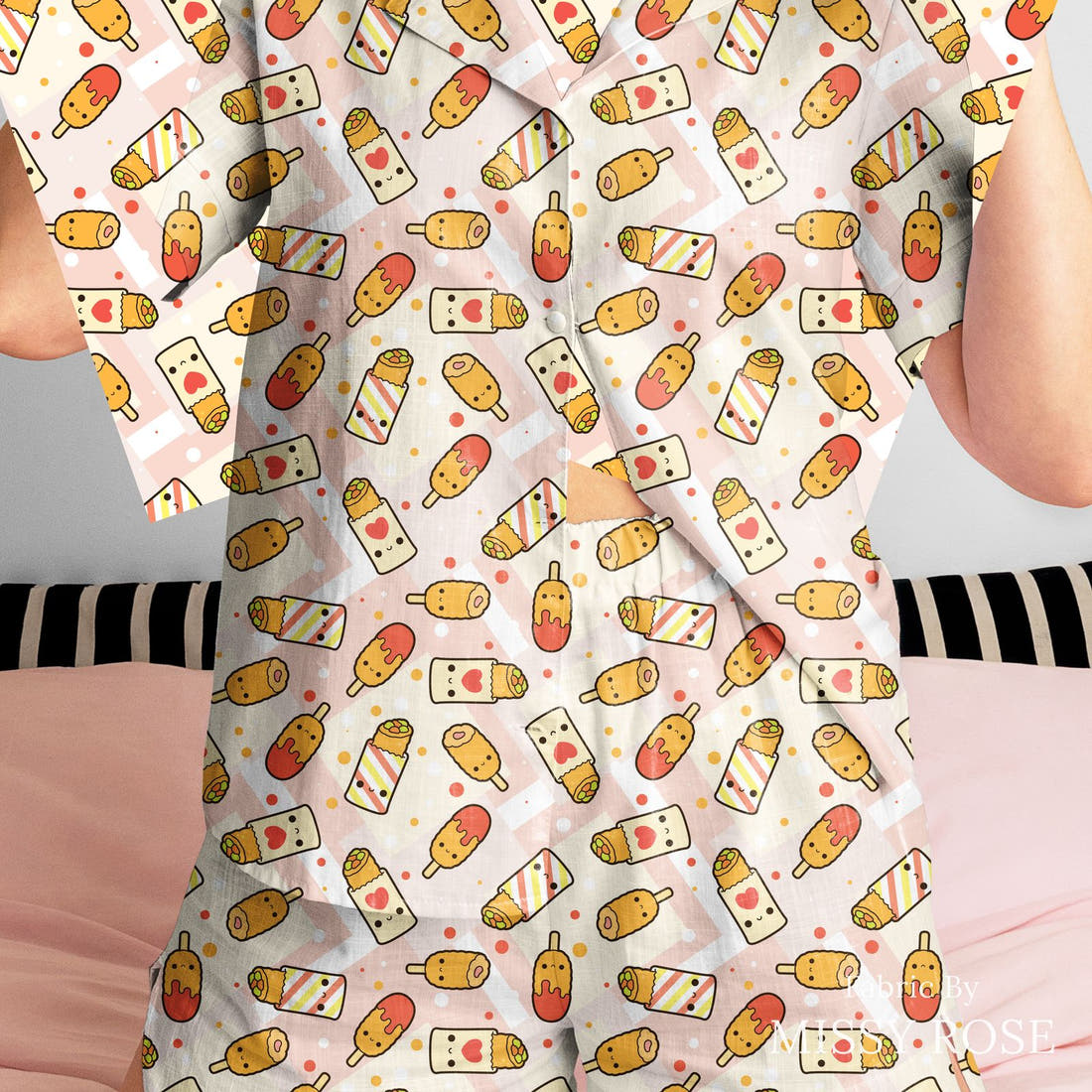 Design 532 Australian Foods Fabric sewn into a women's pyjama set – see how the print looks made up | Fabric by Missy Rose