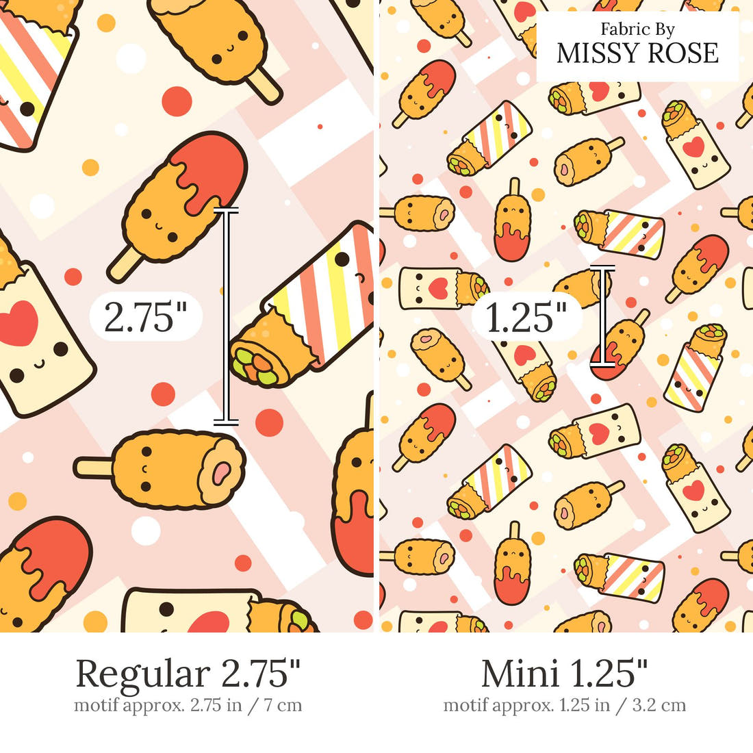 Design 532 Australian Foods Fabric Regular 2.75 inch vs Mini 1.25 inch print scale side by side | Fabric by Missy Rose