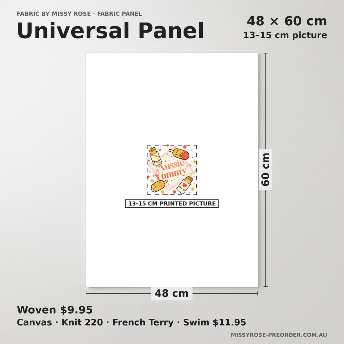 Design 532 Australian Foods Panel universal panel sizing – 13–15 cm printed picture on 48 × 60 cm fabric | Fabric by Missy Rose