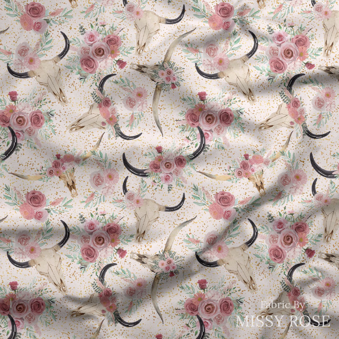 Design 533 Floral Cow Skull Fabric draped fabric mockup – custom printed fabric by the metre | Fabric by Missy Rose