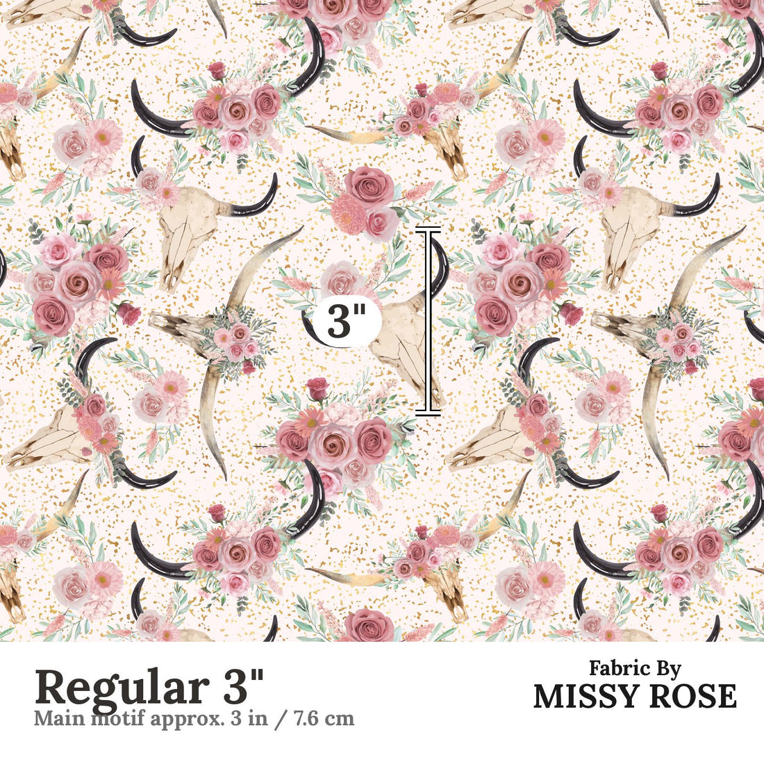 Design 533 Floral Cow Skull Fabric Regular 3" - print scale | Fabric by Missy Rose