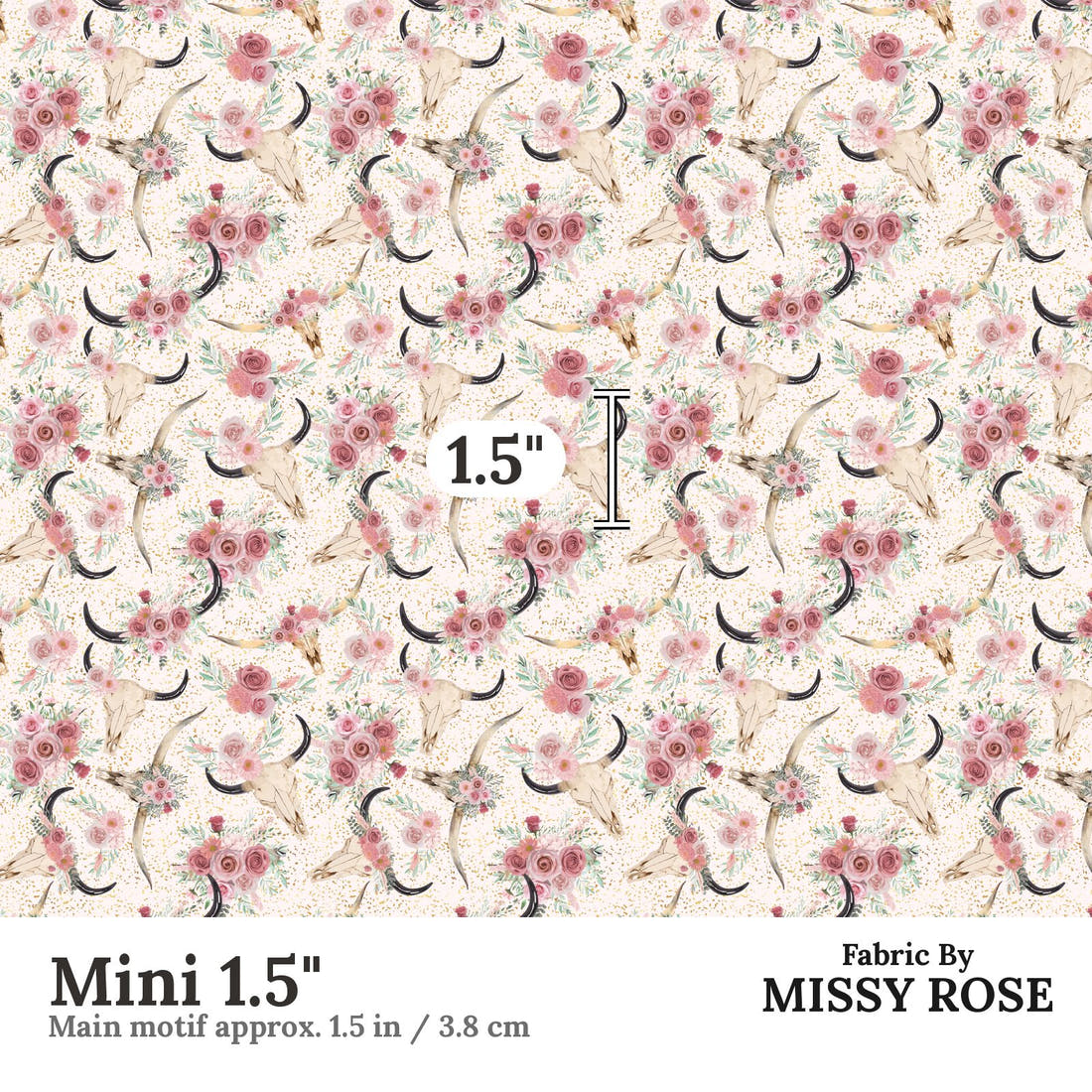 Design 533 Floral Cow Skull Fabric Mini 1.5" - print scale | Fabric by Missy Rose