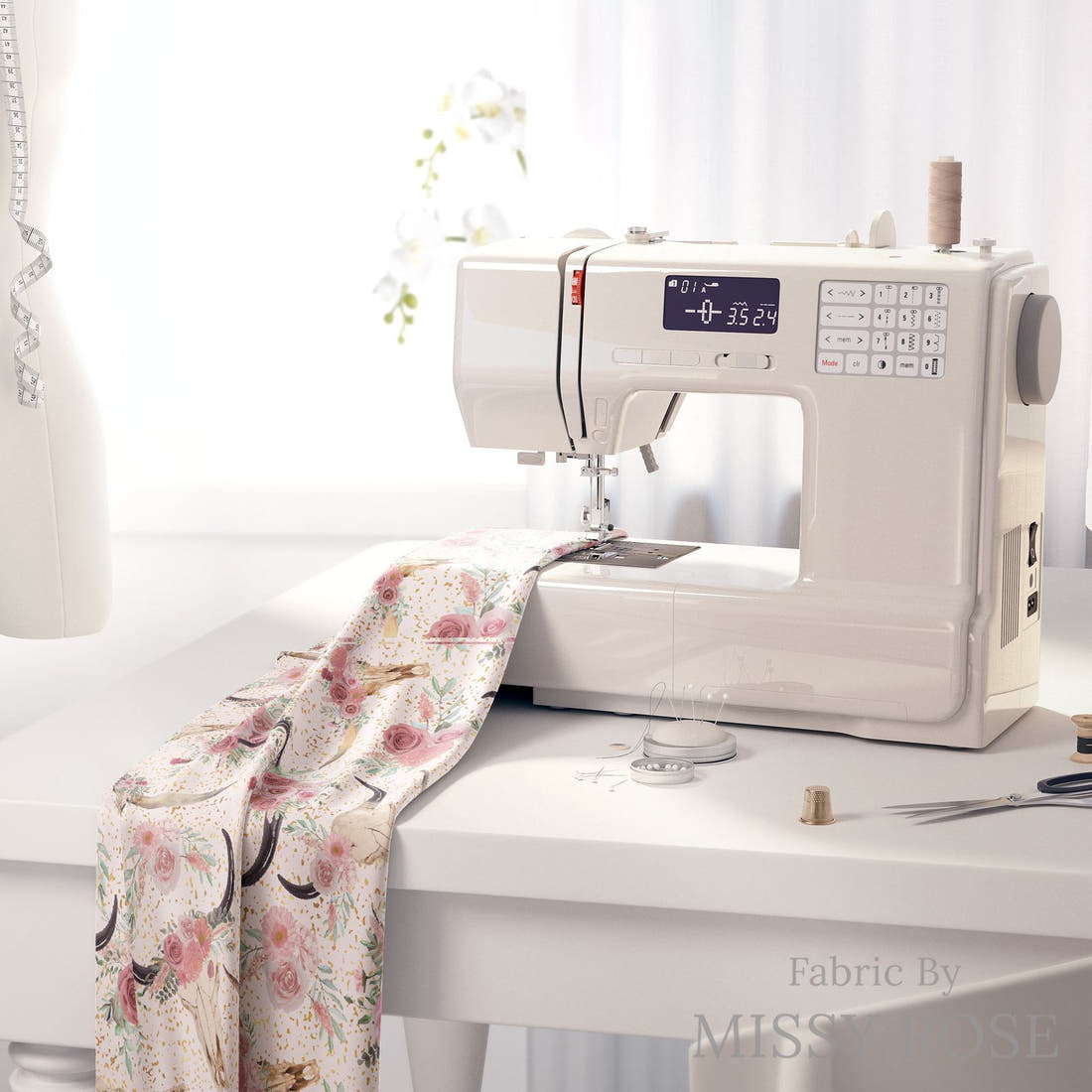 Design 533 Floral Cow Skull Fabric on a sewing machine – premium fabric for sewing projects | Fabric by Missy Rose