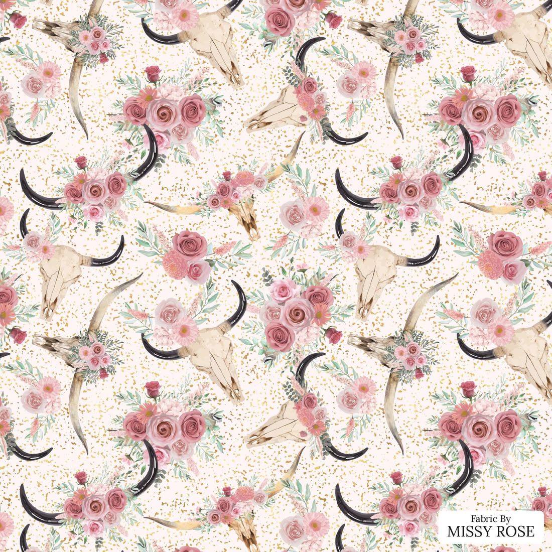 Design 533 Floral Cow Skull Fabric - flat view of the print, zoom in for detail | Fabric by Missy Rose
