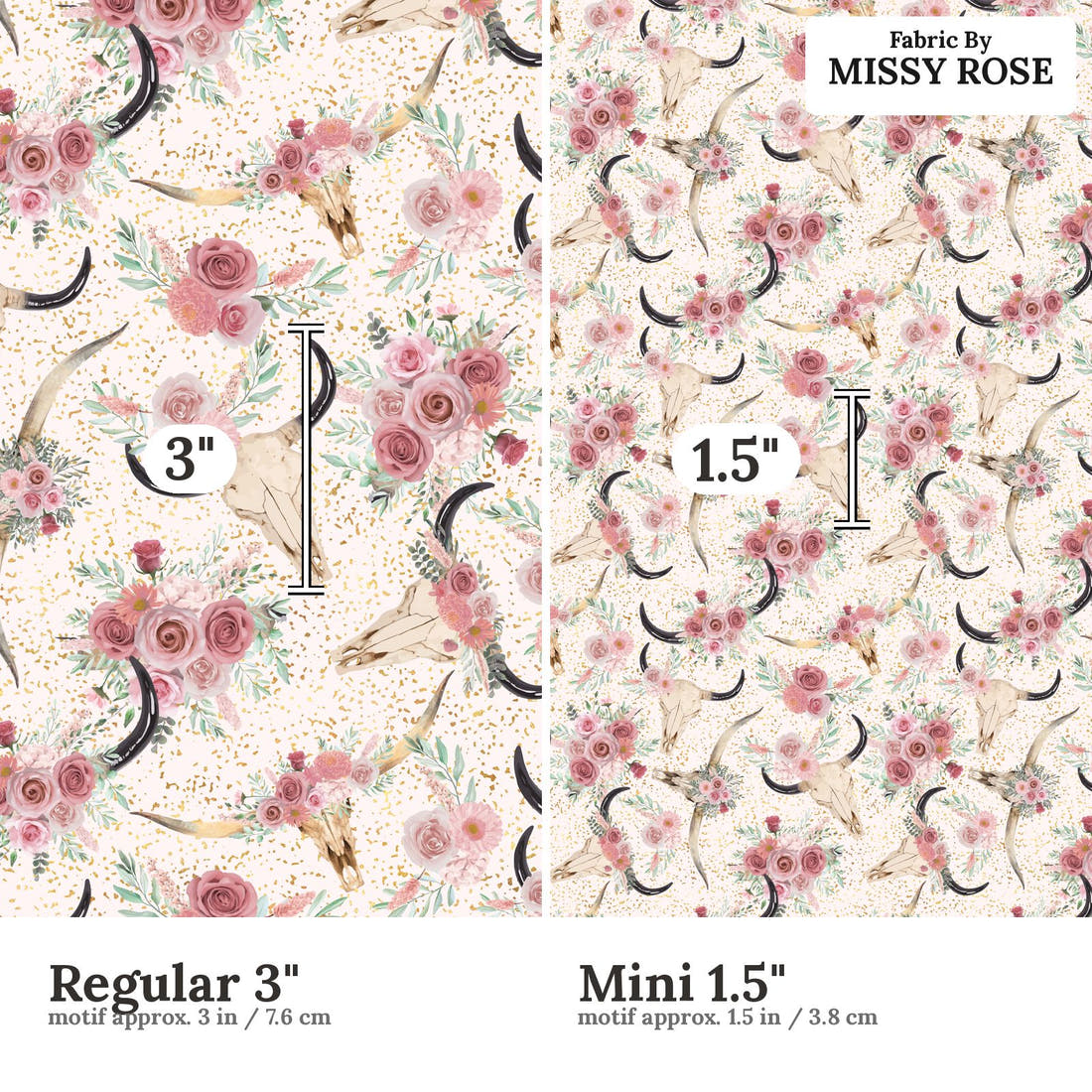 Design 533 Floral Cow Skull Fabric size comparison - print scale | Fabric by Missy Rose