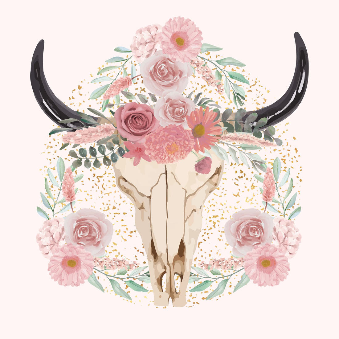 Design 533 Floral Cow Skull Panel – full artwork close-up of the printed picture | Fabric by Missy Rose