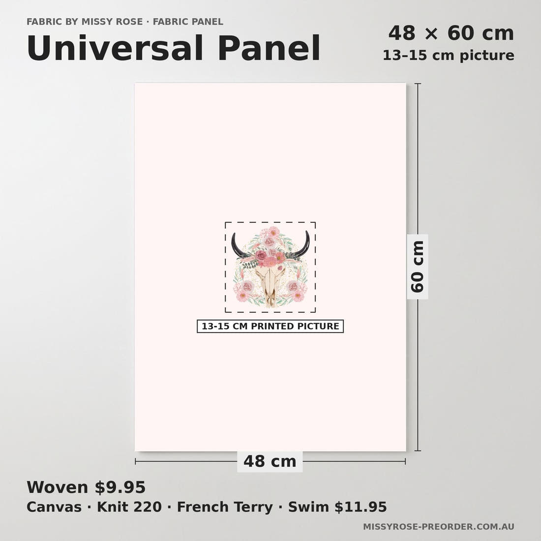 Design 533 Floral Cow Skull Panel universal panel sizing – 13–15 cm printed picture on 48 × 60 cm fabric | Fabric by Missy Rose