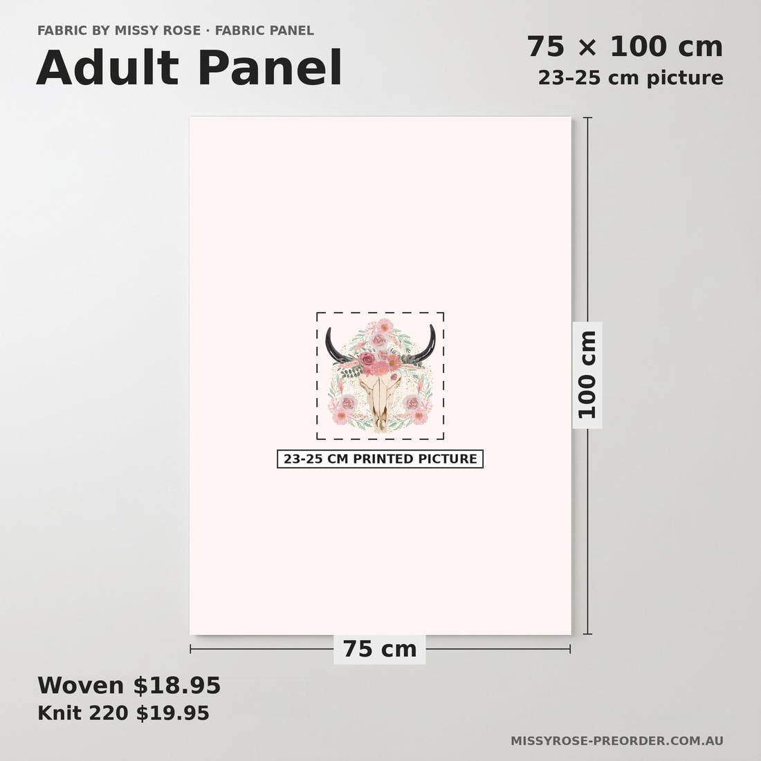 Design 533 Floral Cow Skull Panel adult panel sizing – 23–25 cm printed picture on 75 × 100 cm fabric | Fabric by Missy Rose