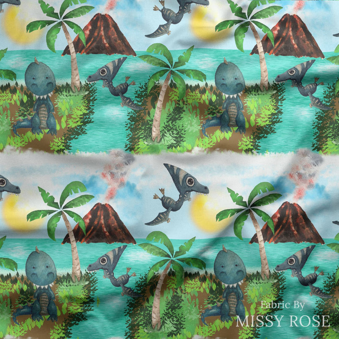 Design 534 Dinosaur Island Fabric draped fabric mockup – custom printed fabric by the metre | Fabric by Missy Rose