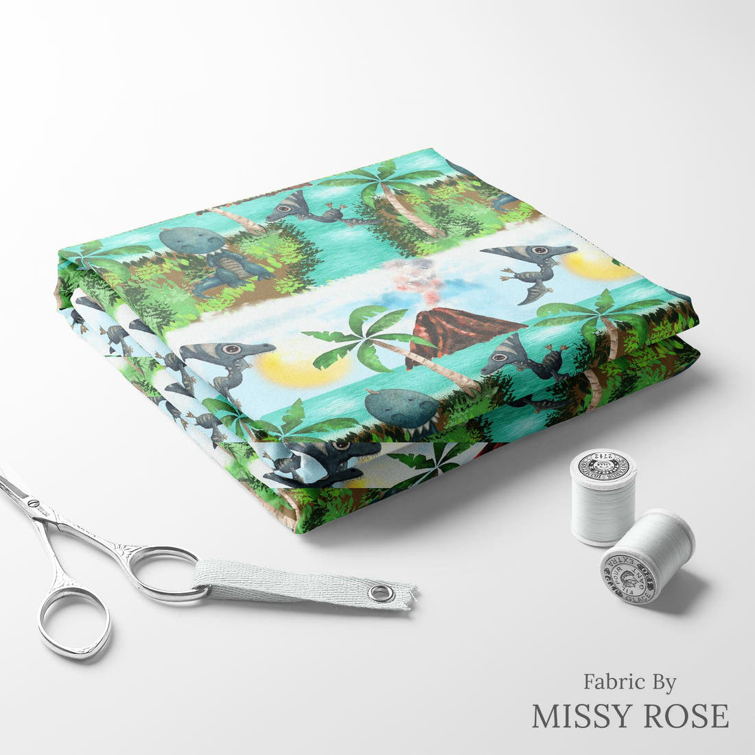 Design 534 Dinosaur Island Fabric folded fabric stack with matching thread – pre-order fabric Australia | Fabric by Missy Rose