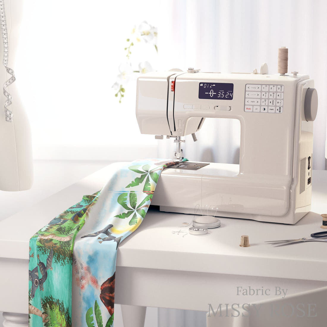 Design 534 Dinosaur Island Fabric on a sewing machine – premium fabric for sewing projects | Fabric by Missy Rose