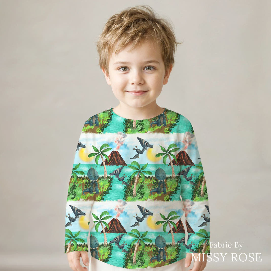 Design 534 Dinosaur Island Fabric sewn into a kids' long sleeve top – see how the print looks made up | Fabric by Missy Rose
