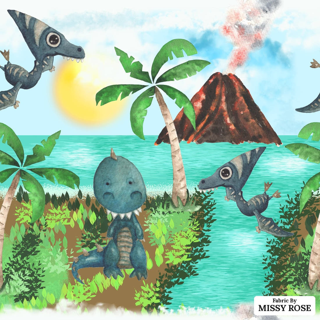 Design 534 Dinosaur Island Fabric - flat view of the print, zoom in for detail | Fabric by Missy Rose