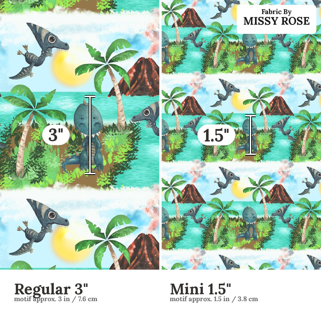 Design 534 Dinosaur Island Fabric size comparison - print scale | Fabric by Missy Rose