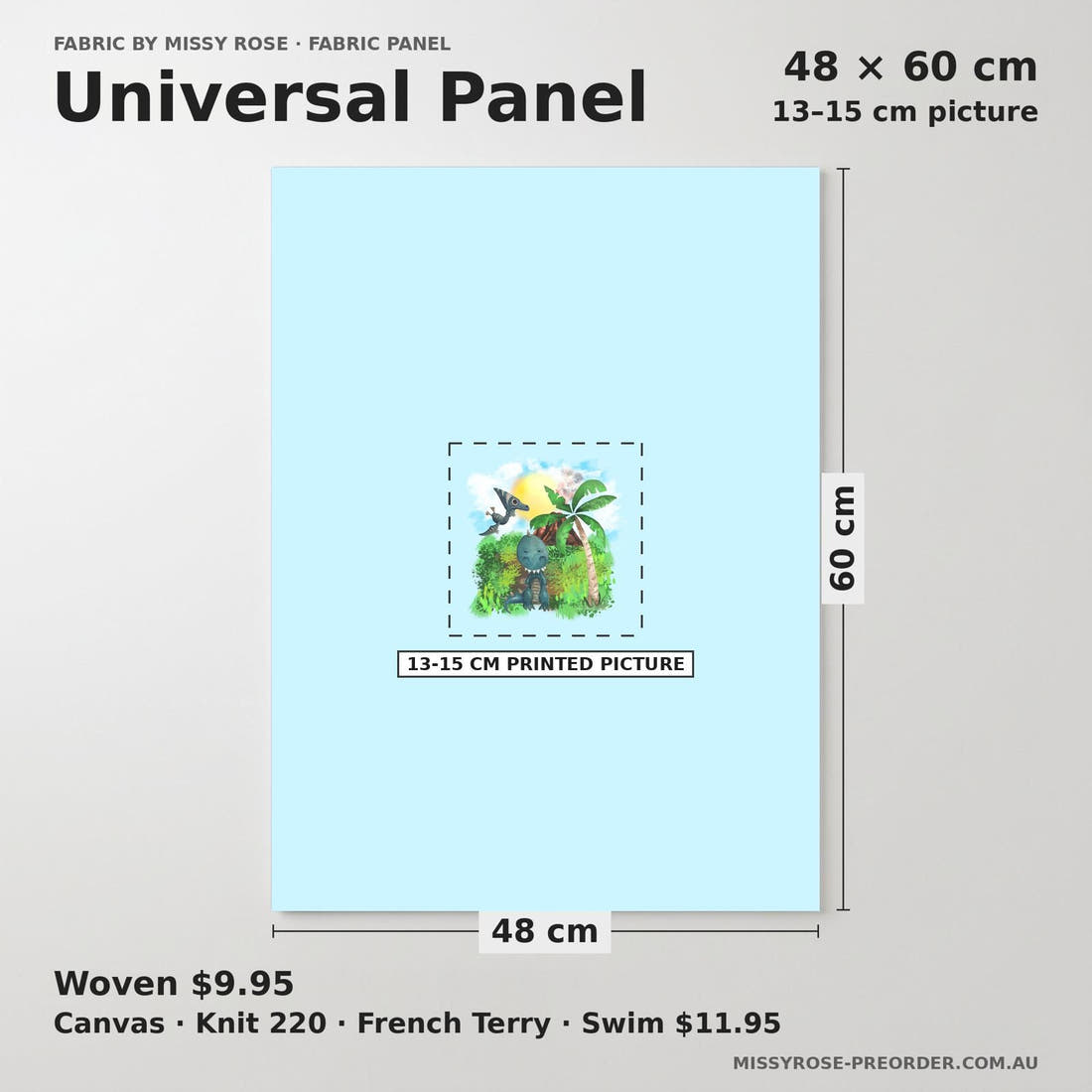 Design 534 Dinosaur Island Panel universal panel sizing – 13–15 cm printed picture on 48 × 60 cm fabric | Fabric by Missy Rose