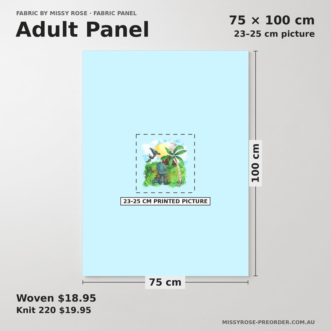 Design 534 Dinosaur Island Panel adult panel sizing – 23–25 cm printed picture on 75 × 100 cm fabric | Fabric by Missy Rose
