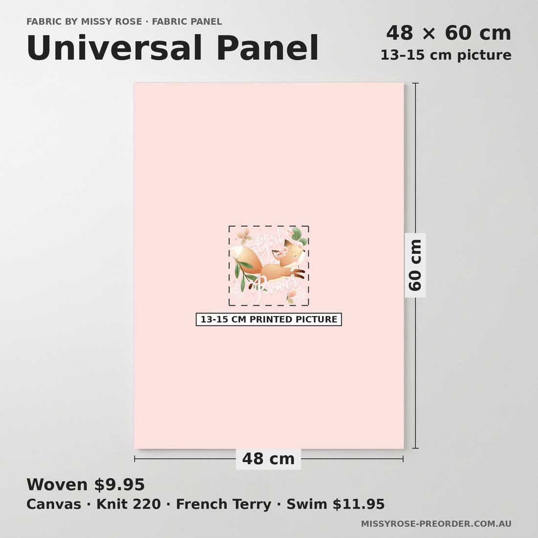 Design 535 Pink Fox Panel universal panel sizing – 13–15 cm printed picture on 48 × 60 cm fabric | Fabric by Missy Rose