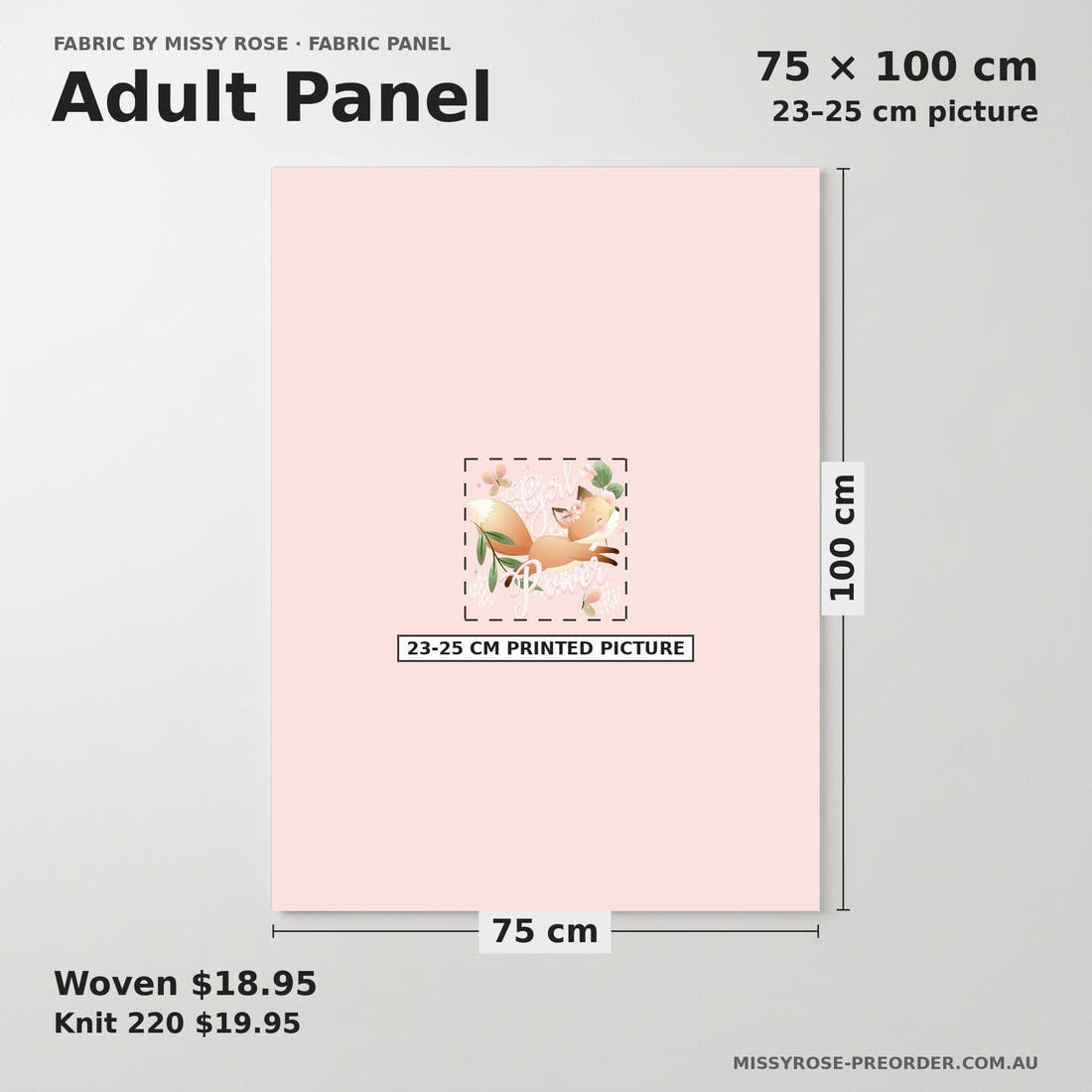 Design 535 Pink Fox Panel adult panel sizing – 23–25 cm printed picture on 75 × 100 cm fabric | Fabric by Missy Rose