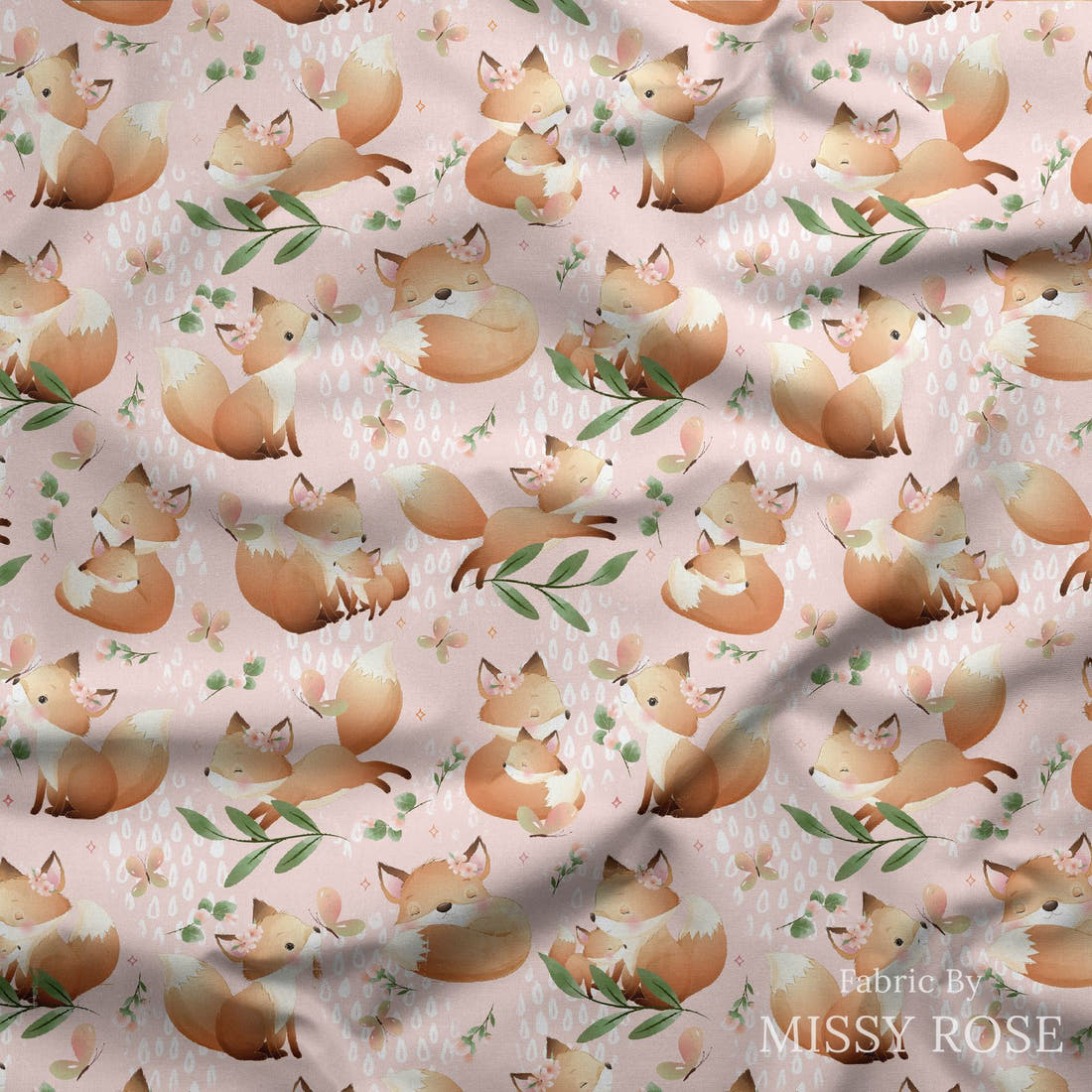 Design 535 Pink Fox Fabric draped fabric mockup – custom printed fabric by the metre | Fabric by Missy Rose
