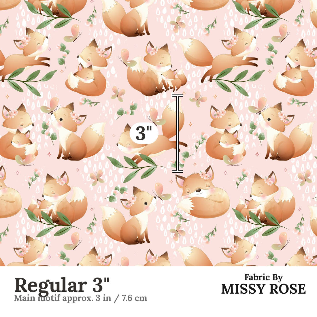 Design 535 Pink Fox Fabric Regular 3" - print scale | Fabric by Missy Rose