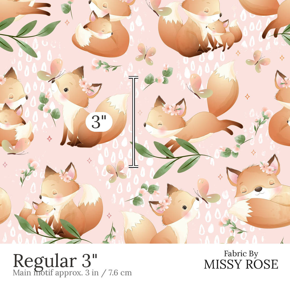 Design 535 Pink Fox Fabric Regular 3 inch print scale guide | Fabric by Missy Rose