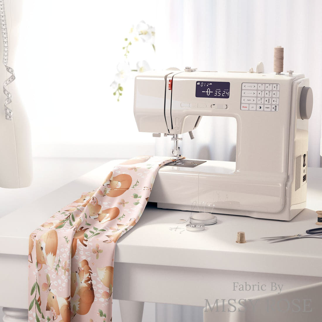 Design 535 Pink Fox Fabric on a sewing machine – premium fabric for sewing projects | Fabric by Missy Rose