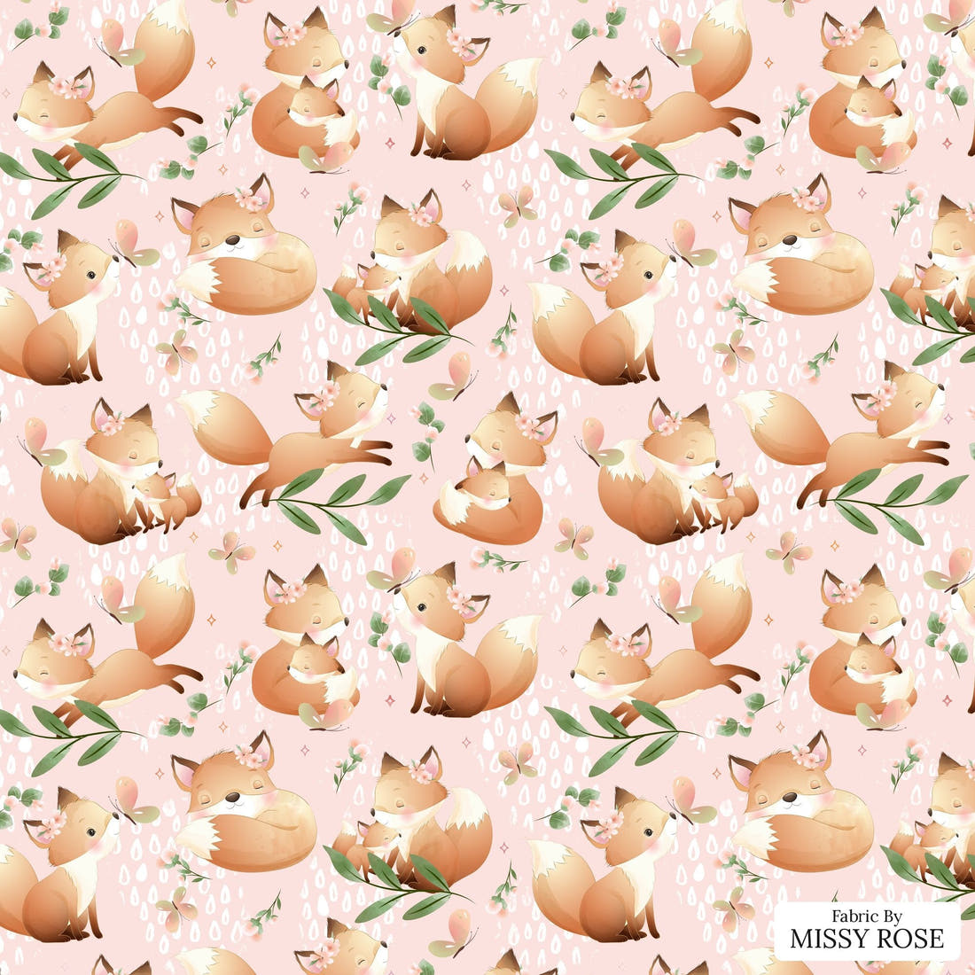 Design 535 Pink Fox Fabric - flat view of the print, zoom in for detail | Fabric by Missy Rose