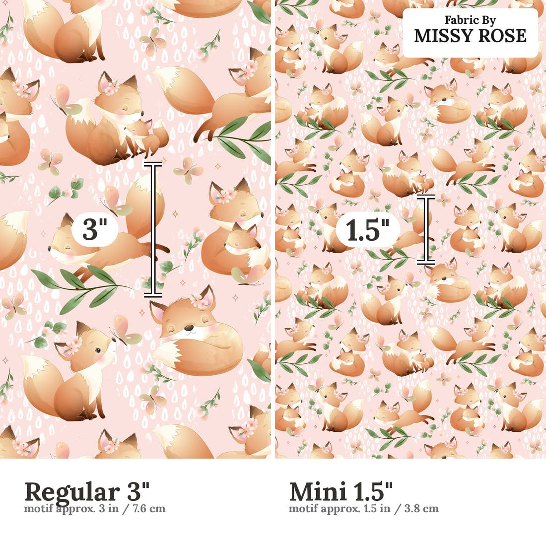 Design 535 Pink Fox Fabric size comparison - print scale | Fabric by Missy Rose