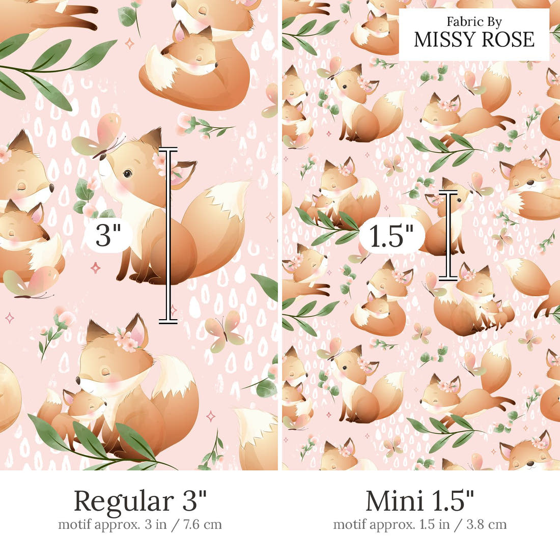 Design 535 Pink Fox Fabric Regular 3 inch vs Mini 1.5 inch print scale side by side | Fabric by Missy Rose